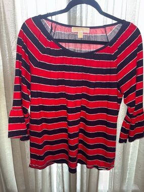 Michael Kors Red & Navy Striped Scoop Neck Women's Top L